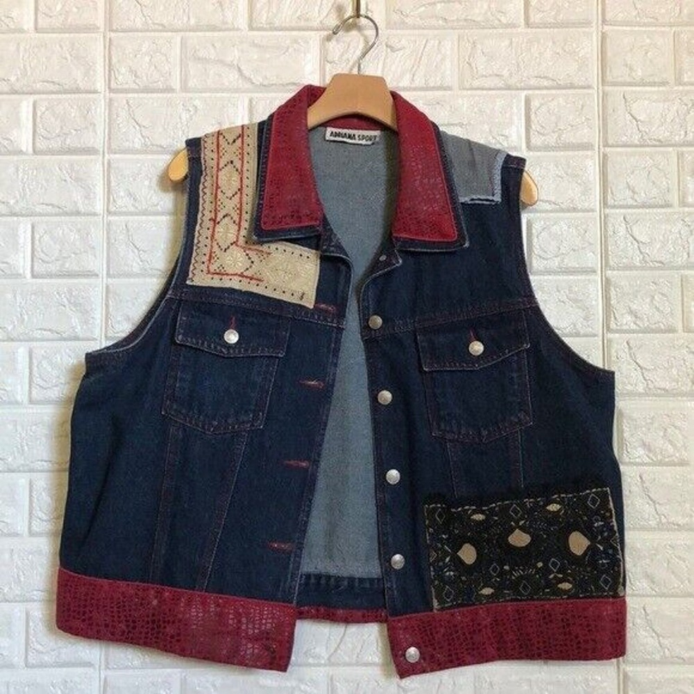Vtg Adriana Sport Custom Patchwork embroidered‎ denim jean vest Women’s Size XL